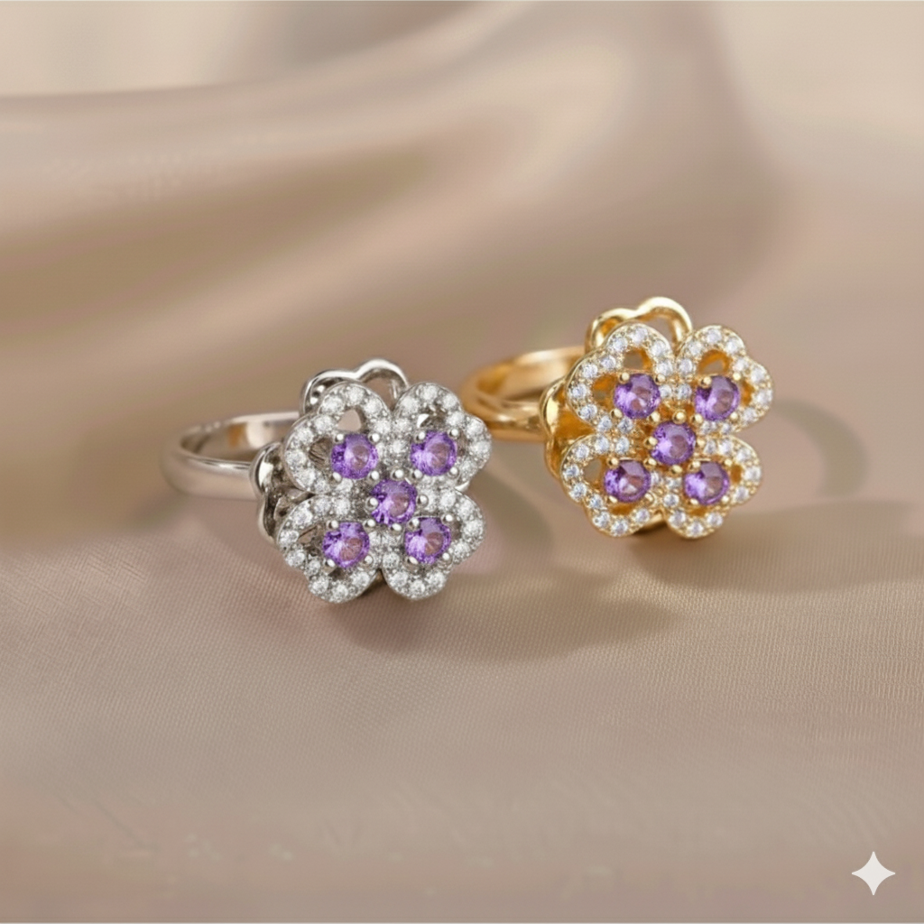 Anksiyete Önleyici Dört Yapraklı Yonca Şekilli Taşlı Yüzük (Ayarlanabilir Boyut)