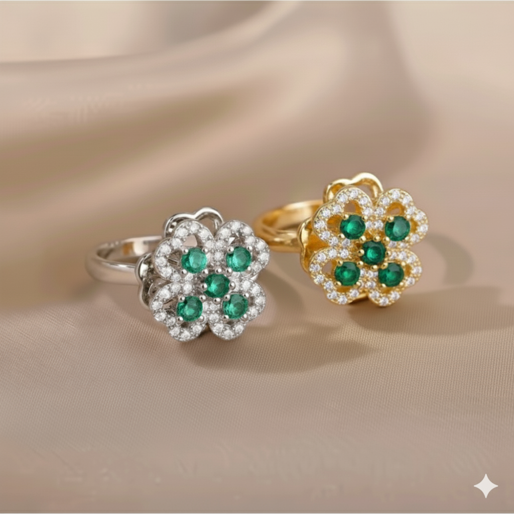 Anksiyete Önleyici Yeşil Taşlı Dört Yapraklı Yonca Yüzük (Ayarlanabilir Boyut)