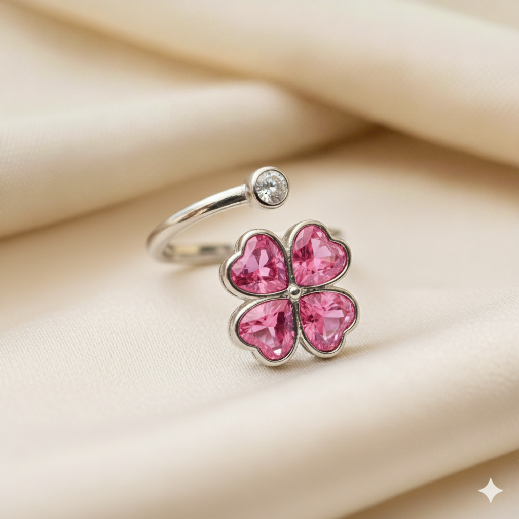 Anksiyete Önleyici Pembe Taşlı Kalpli Yonca Yüzük (Ayarlanabilir Boyut)