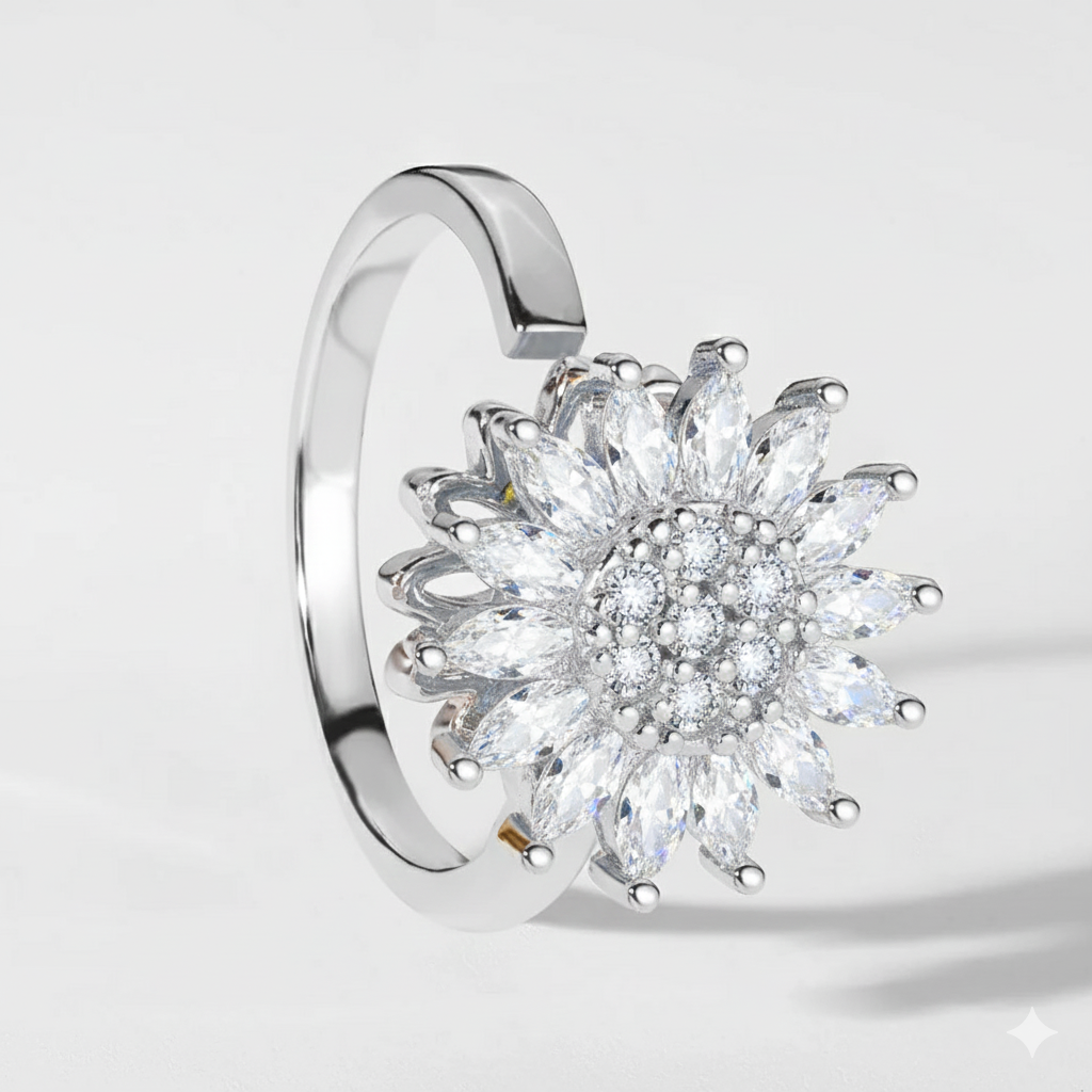 Anksiyete Önleyici Premium Gümüş Papatya Yüzük (Ayarlanabilir Boyut)