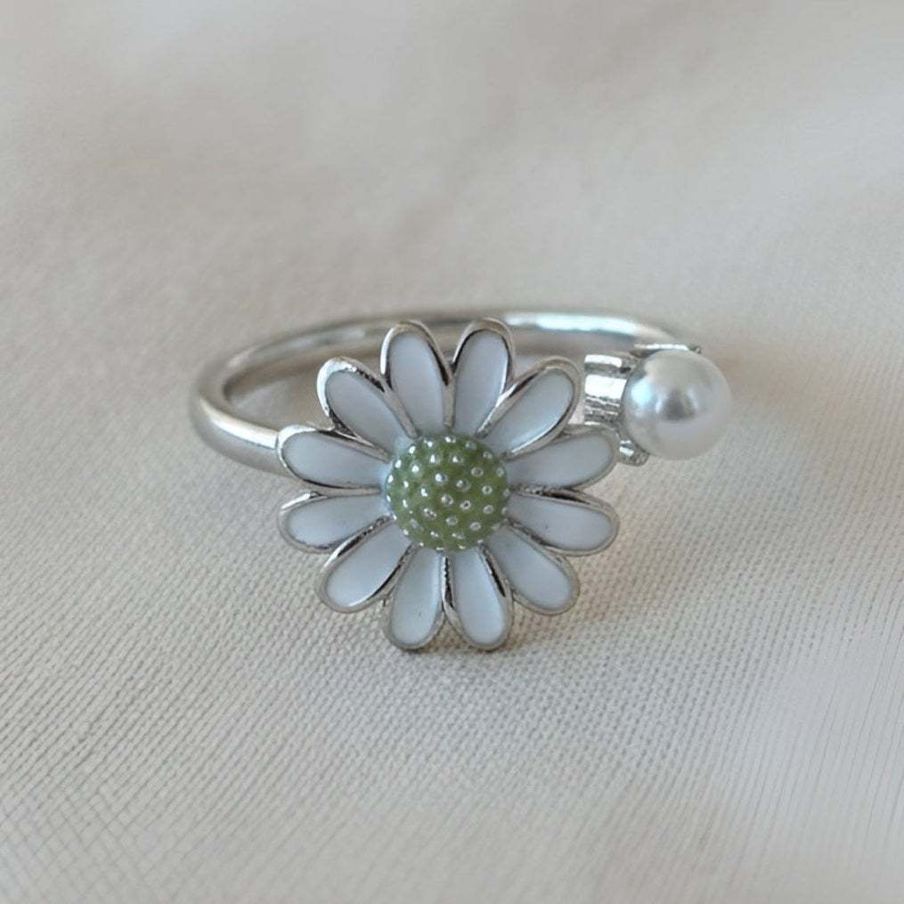 Anksiyete Önleyici İnci Başlı Papatya Yüzük (Ayarlanabilir Boyut)