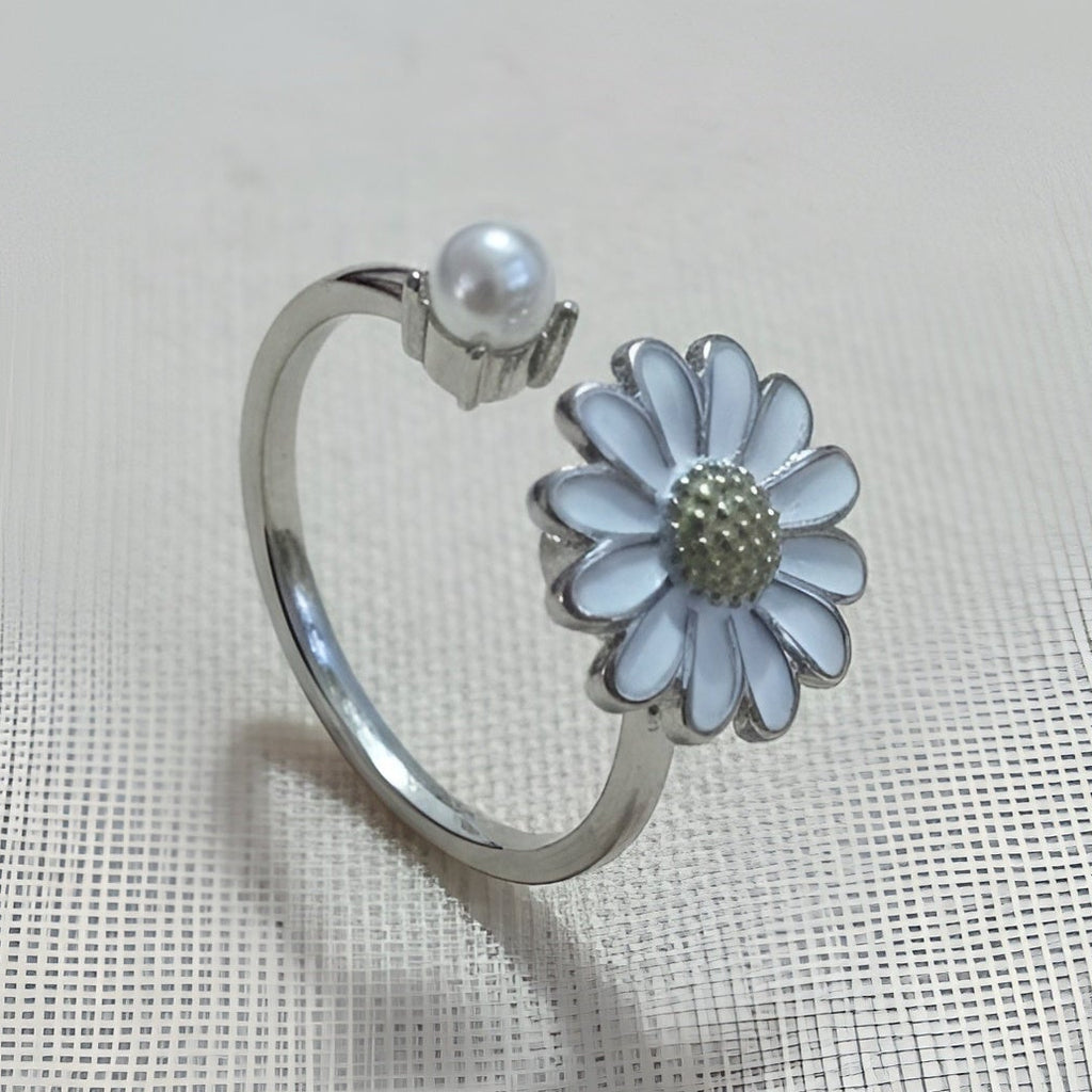 Anksiyete Önleyici İnci Başlı Papatya Yüzük (Ayarlanabilir Boyut)