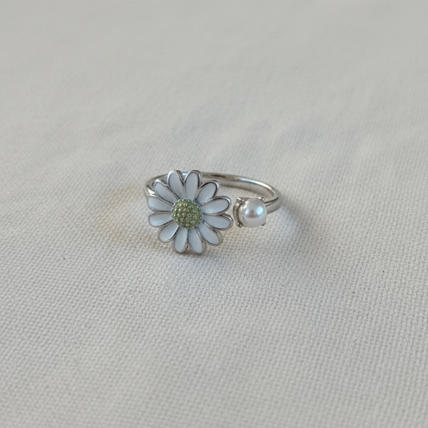 Anksiyete Önleyici İnci Başlı Papatya Yüzük (Ayarlanabilir Boyut)