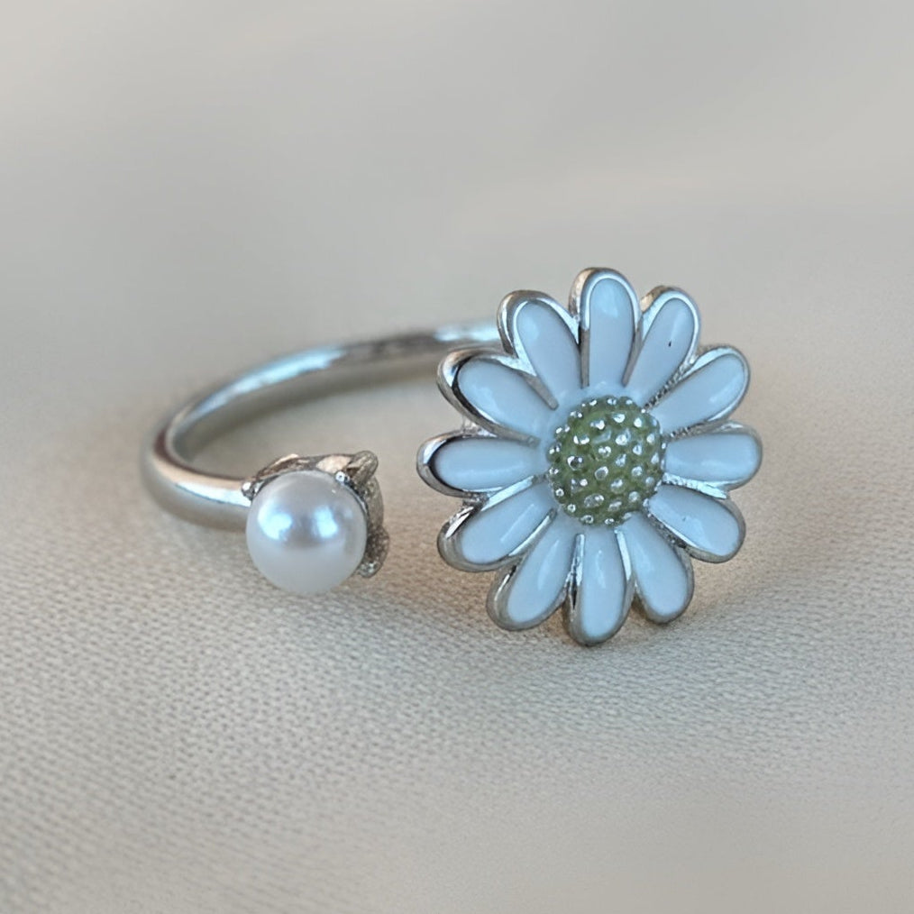 Anksiyete Önleyici İnci Başlı Papatya Yüzük (Ayarlanabilir Boyut)